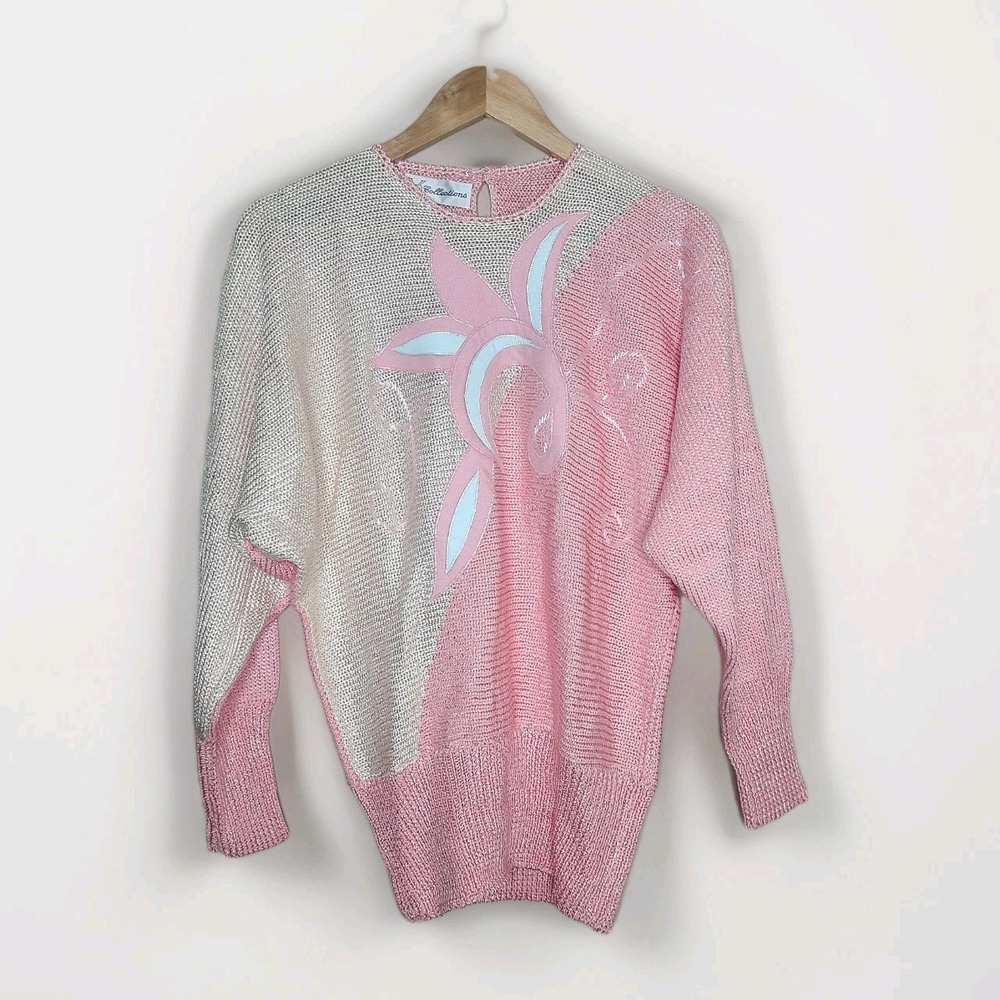 Vtg 80s‎ Batwing Beaded Sweater Pink White Floral Slouchy Soft Glam Whimsical